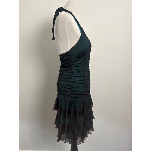VTG 80s City Triangles Halter Dress Ruched Ruffled Hem Sm Black Teal Stretch Whi - Picture 8 of 8